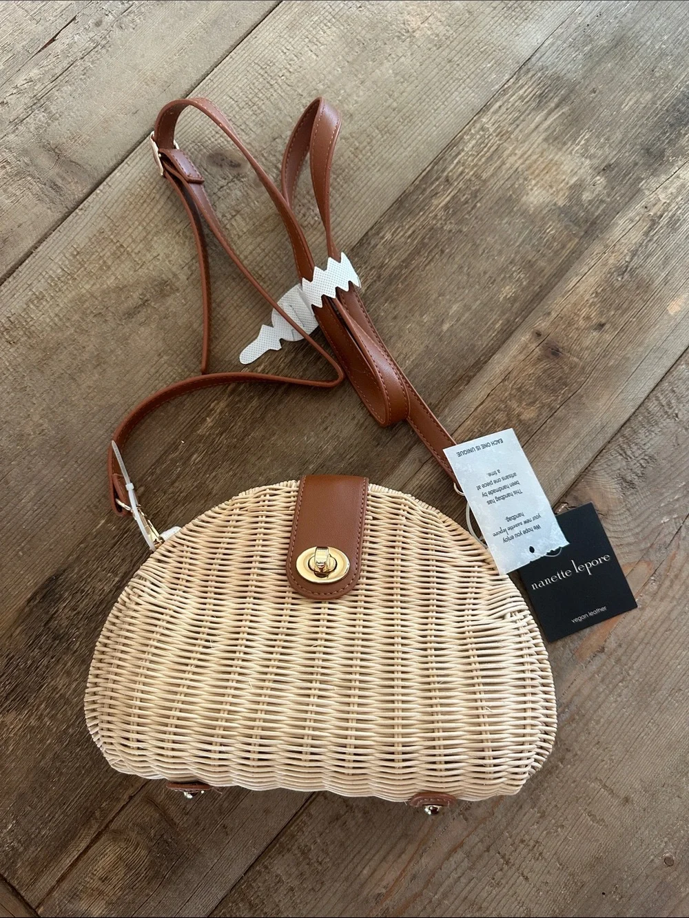 Nanette Lepore Tan & Natural Woven Straw Crossbody with Gold Hardware